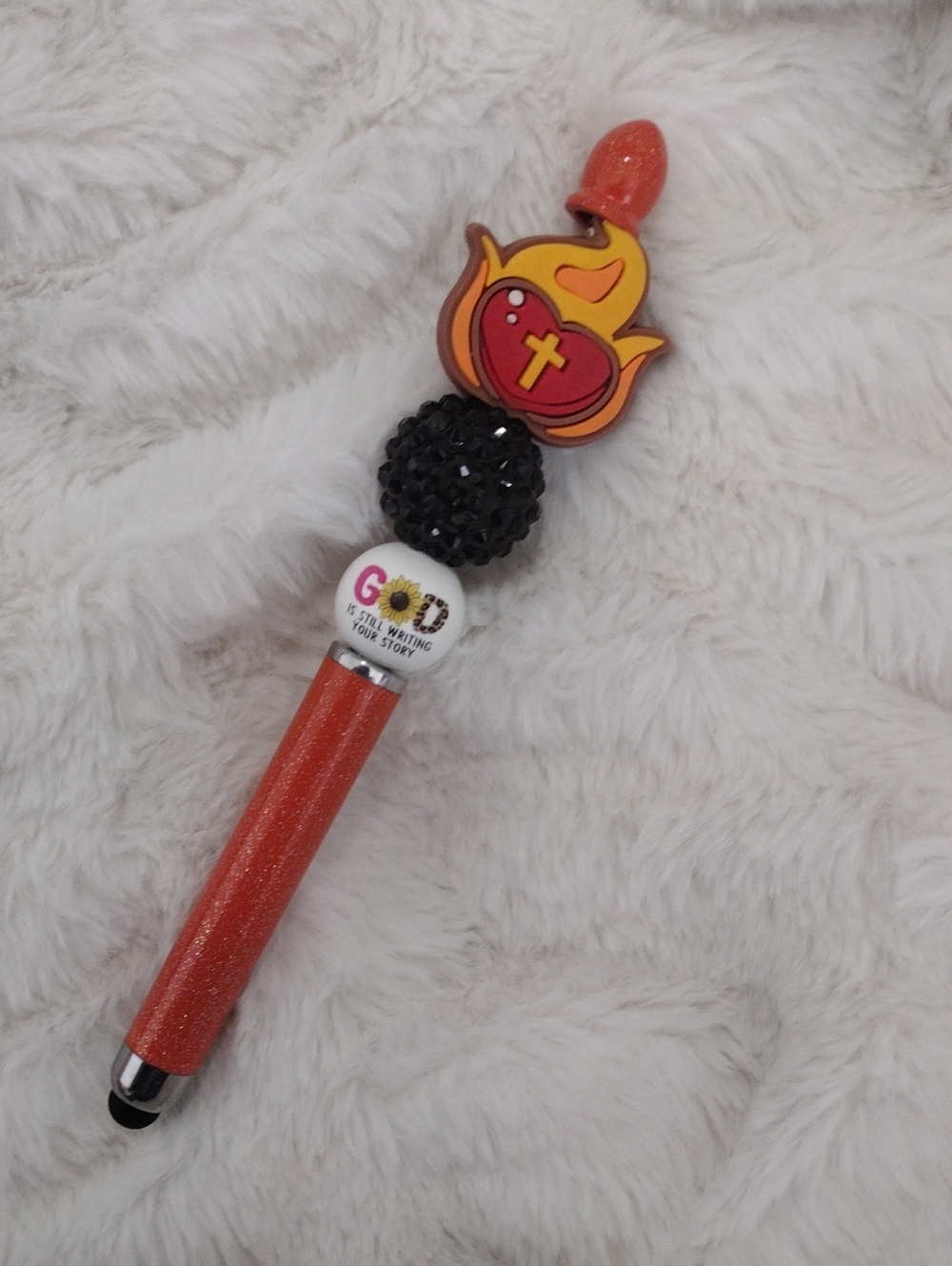 Sparkle Orange Stylus & Pen with Heart Flame Charm